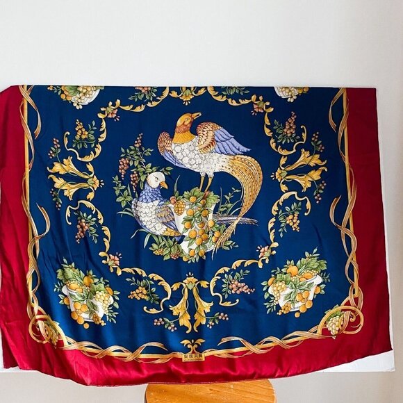 Massive All Silk Bird Floral Motif Hand Rolled Edge Scarf - Picture 3 of 5